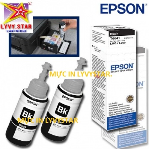 Chuyên phân phối  Mực in phun màu epson Màu sắc: Hộp mực màu đen  Mã mực : Epson T6641 Black Ink  Loại máy in sử dụng : Epson L100, L110, L120, L200, L210, L220, L300, L310, L350, L355, L550, L555, L650, L1300  Dung lượng : 70 ml  Hàng Mới 100%...trên đườ